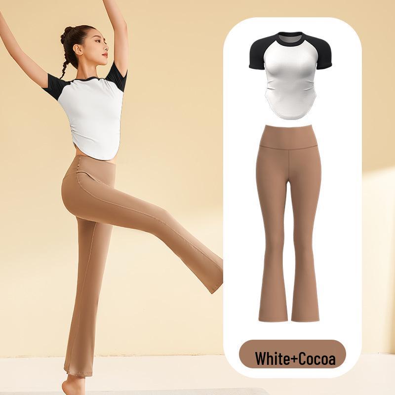 Damen Nude Feel Yoga Set: Schnelltrocknendes Kurzarm-Top & Lange Hose für Outdoor-Fitness