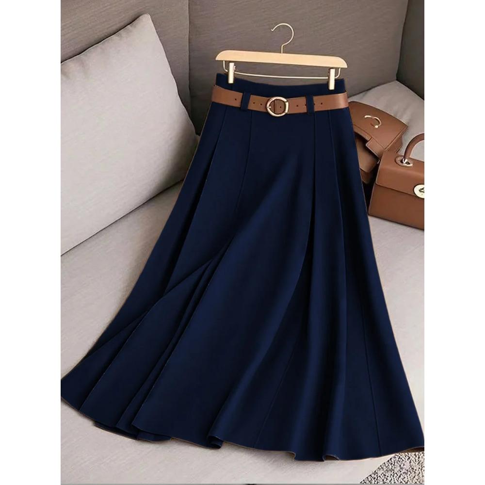 Women's A-Line Maxi Skirt Elegant Solid Color Flared Umbrella Hem with Multiple Vertical Pleats Skirt(No belt included)
