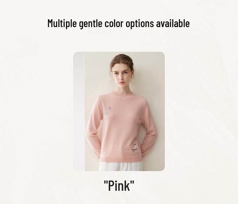 Women's 100% Pure Cashmere Sweater - Autumn/Winter, Versatile Round Neck, Loose Fit, Pink Knit