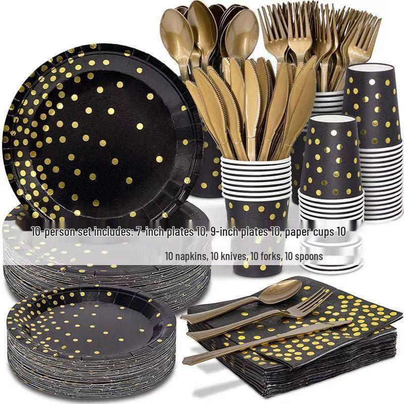 Polka Dot Black Paper Plate and Cup Set - Christmas & New Year Disposable Tableware