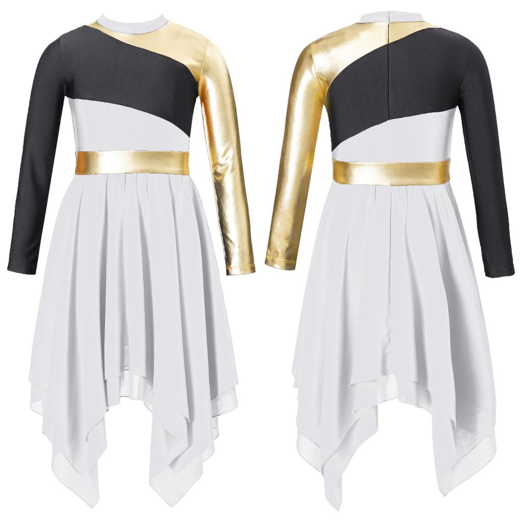 Kids Girls Praise Lyrical Dance Dress Long Sleeve Asymmetrical Chiffon Hem Contrast Dress Dancing Costumes
