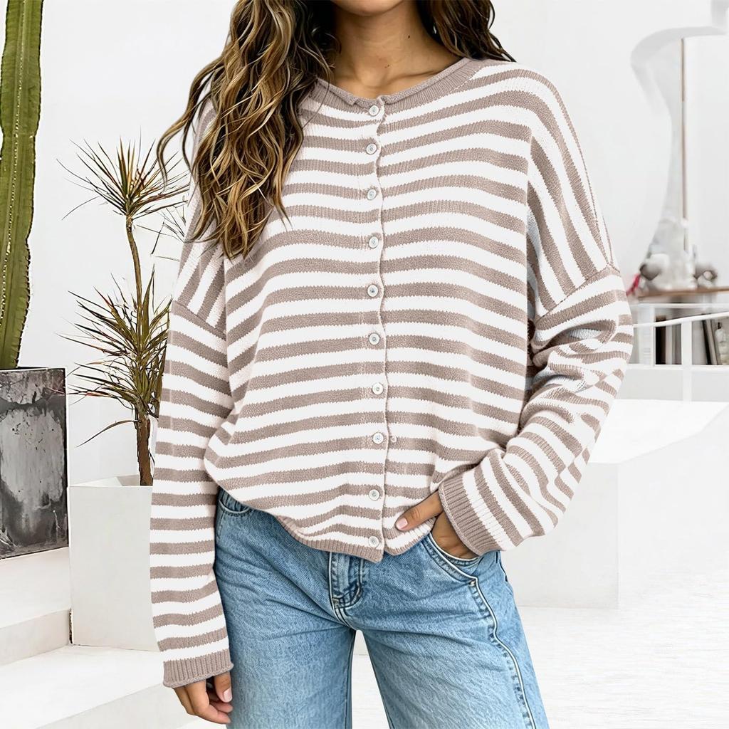 Women's Casual Striped Knit Cardigan Button Front Soft Long Sleeve Sweater for Fall Winter Work