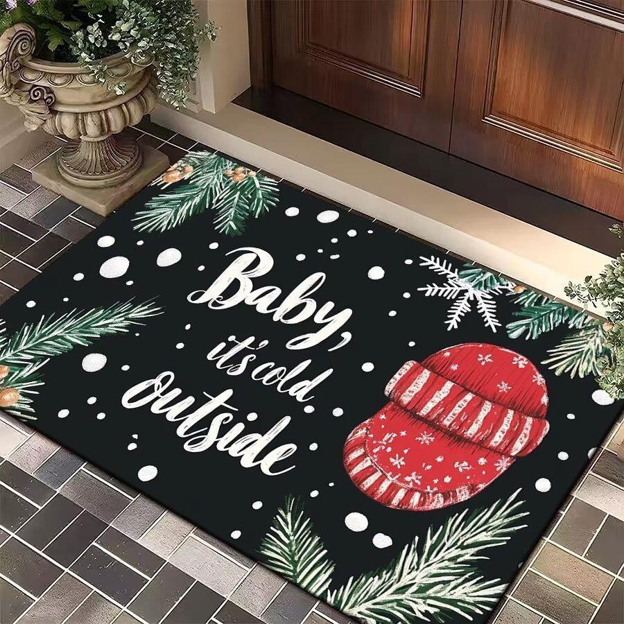 Christmas Themed Door Mat With Patterns Like Mittens Hats Snowflakes Holly Non Slip Welcome Entrance Rug For Families Decor