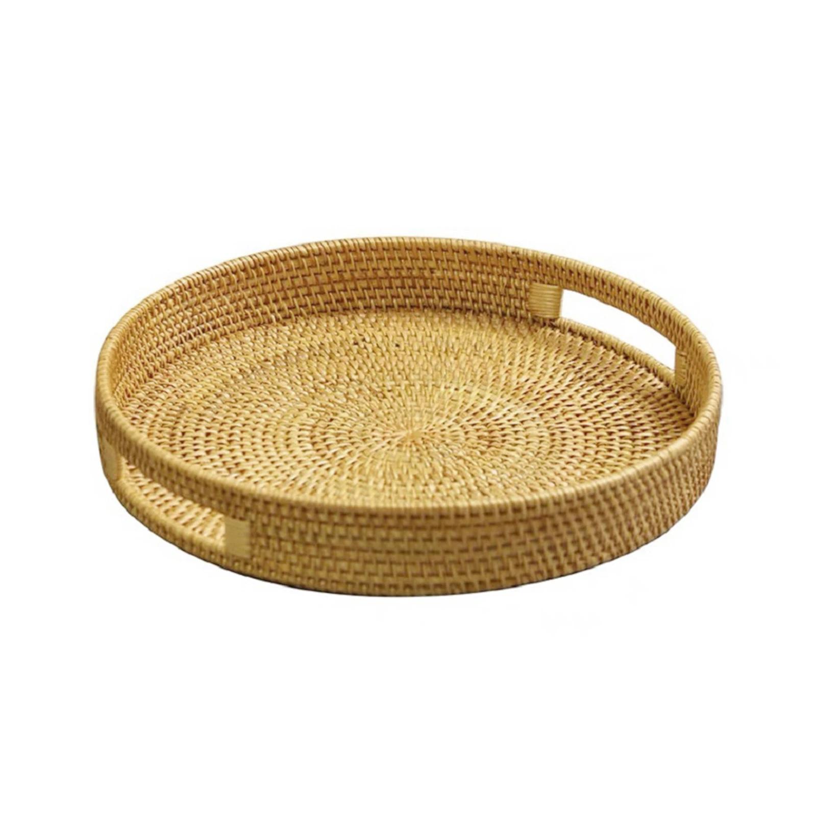 

30/35cm Rattan Tray Hand-woven Fruit Basket Home Storage Basket Exquisite Rattan Tray Organiser Fruit Storage Plate Small size