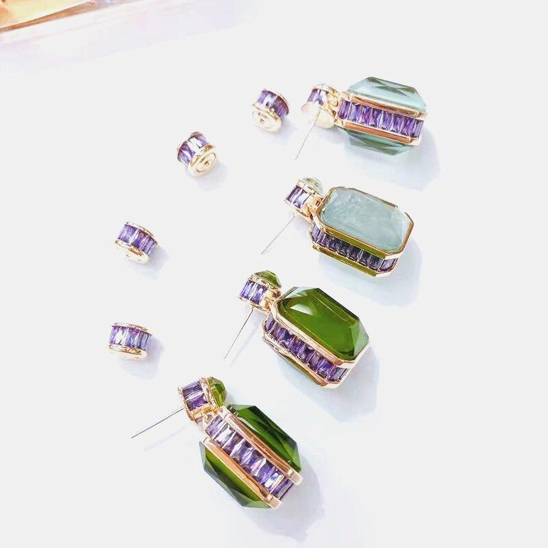 New Luxury Peridot Green Jade Earrings With Micro -Inlaid Purple Diamond Square Charm Vintage Earrings For Women Party Jewelry