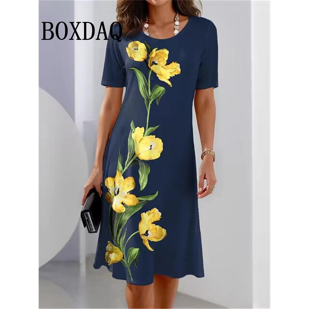 Women Casual Dresses Summer Vintage Style Female O-Neck Flower Printed Dress Loose Ladies Clothing
