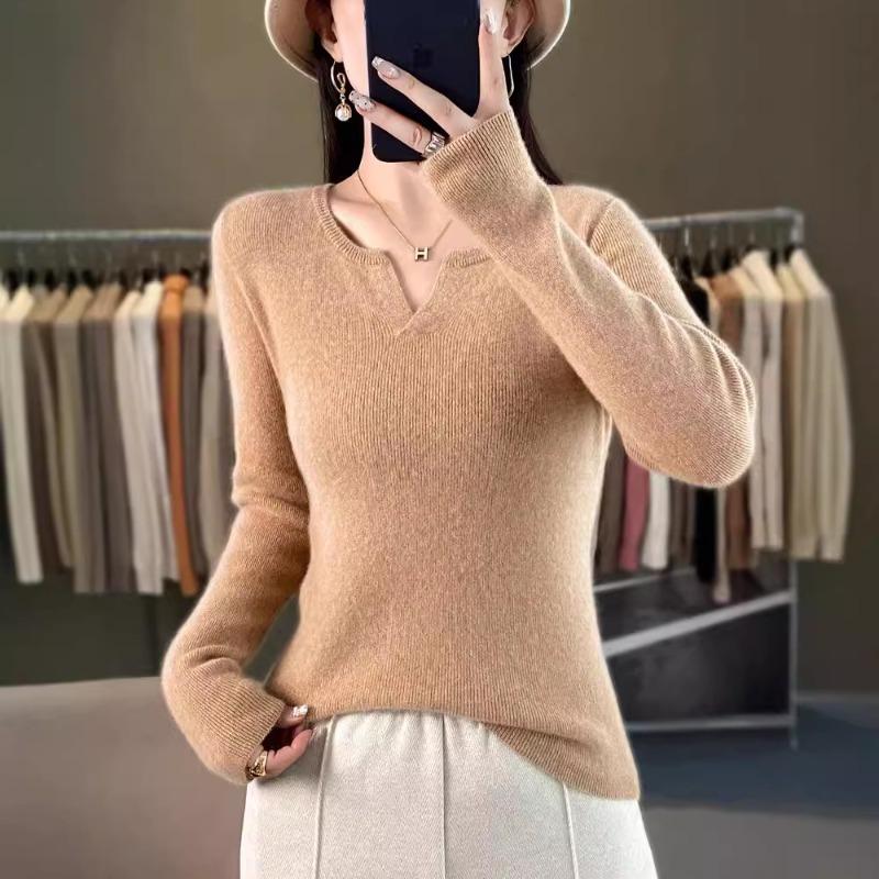 Autumn and winter new long-sleeved solid-color slim-fit bottoming shirt round V-neck sweater women's knitted sweater jumper top