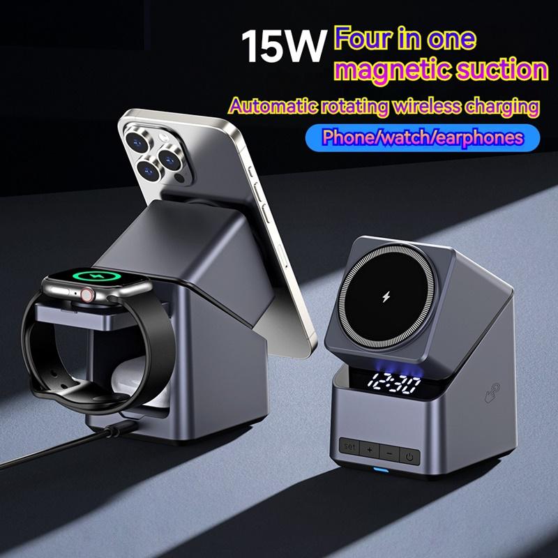 4in1 Electric Rotating Magnetic 15W Wireless Charger Time Display Touch Rotation for iPhone Watch AirPods Ideal Charging Stand