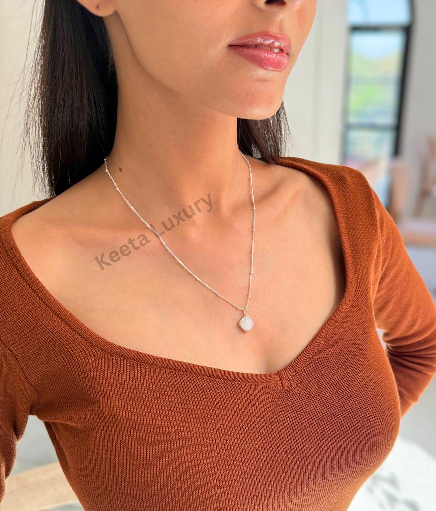 Natural Moonstone Elegant Necklace Sterling Silver Cushion-shaped Layering Necklace for Women Square Crystals Office Wear Simple Jewelry