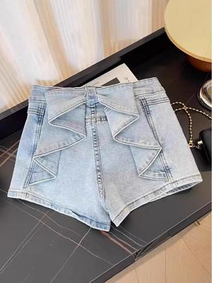 Yifei Style 3D Schleife Denim High Waist Shorts - Damen Frühling/Sommer Schlankmachende Elastische Hot Pants