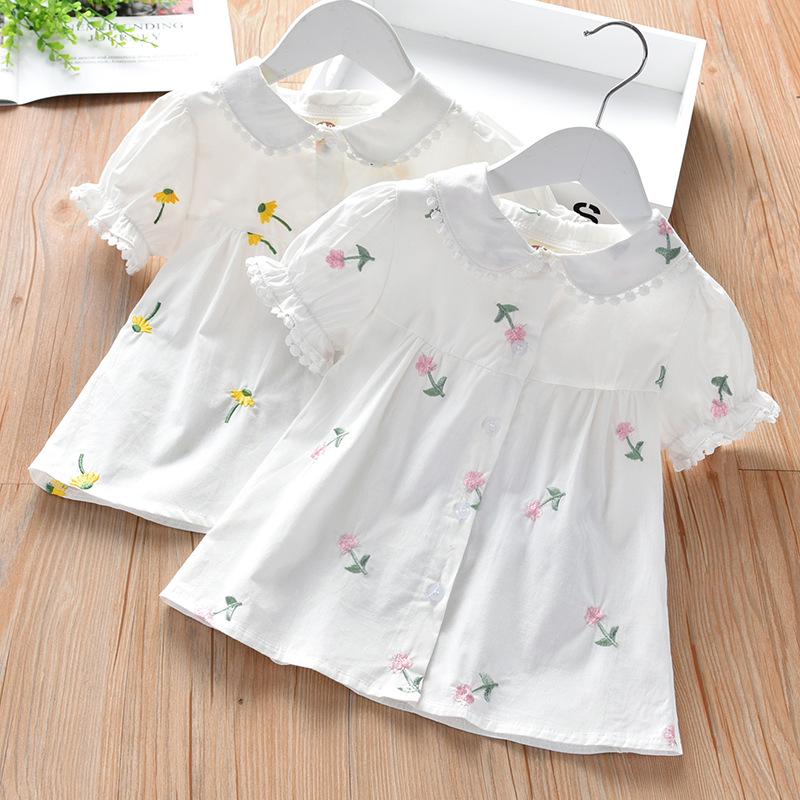 2025 New Summer Girls' Korean Style Embroidered Short Sleeve White Shirt