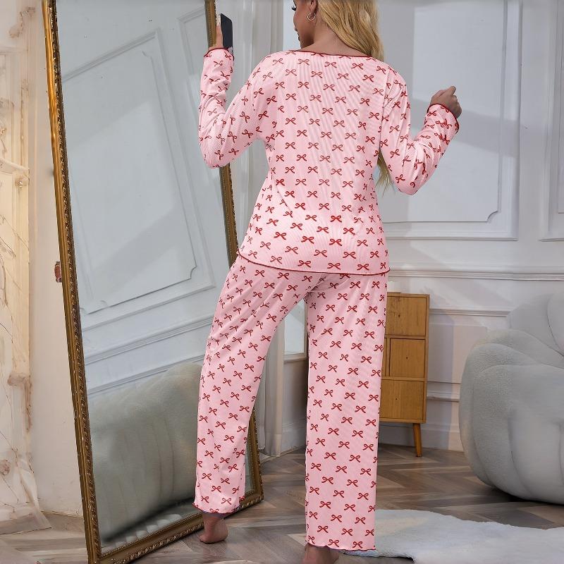 Women's Long-Sleeve Long-Pants Pajama Set with Small Collar Ribbed Texture and Bow