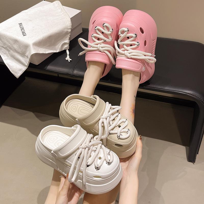 Fashion Soft Leather Lace-up Doudou Shoes, New Summer Soft-soled Comfortable Casual Shoes, Non-slip, Wave-soled Thick-soled Hole Shoes