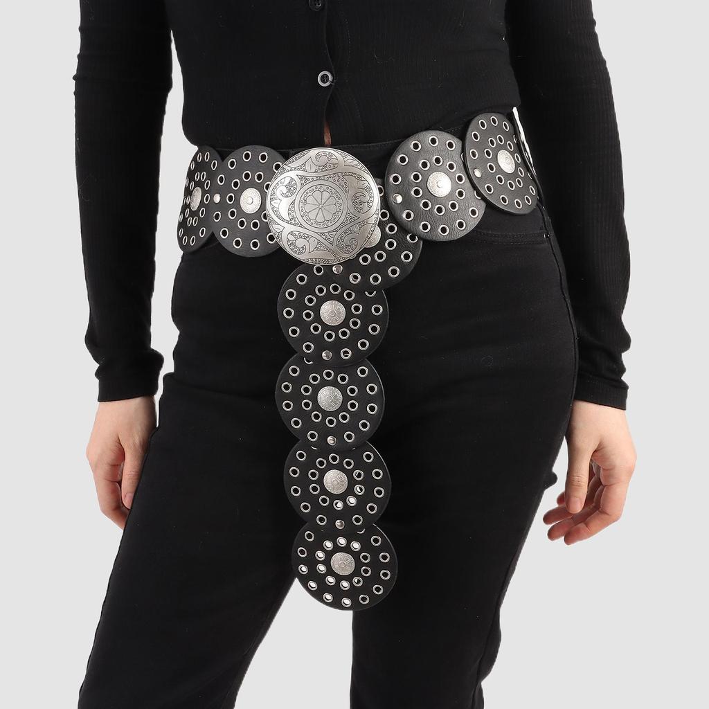 Western Style Disc Belt Y2K Wide Disc Belt Cowboy Wide Disc Belt Hollow Belt  for Women
