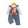 Girls' Denim Overalls Set With Cute Doll Prints, Casual Kids Outfit