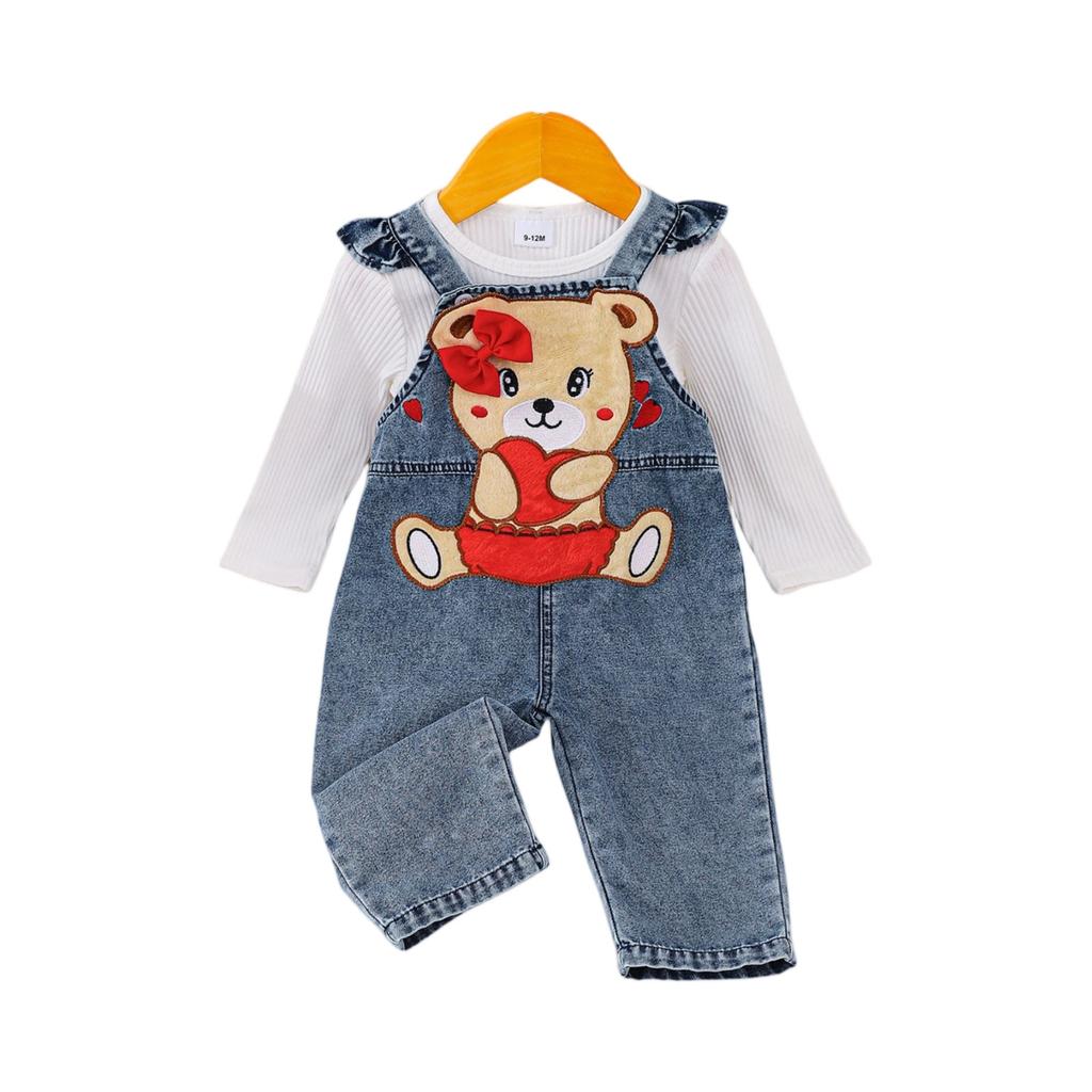 Girls' Denim Overalls Set With Cute Doll Prints, Casual Kids Outfit