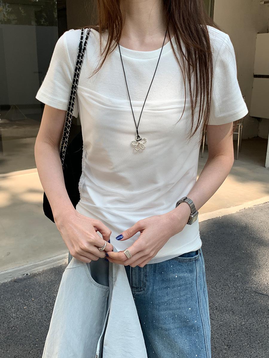 

Korean Style Slim-Fit Pleated Waist Short Sleeve Women s T-Shirt - New Spring/Summer Round Neck Casual Top Small