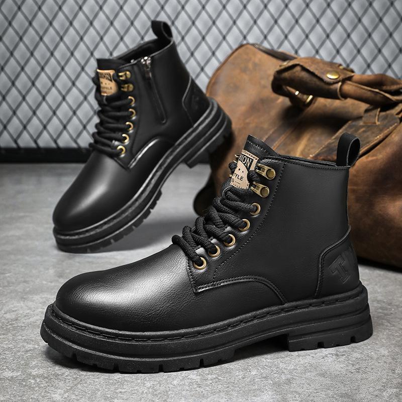 High-top Waterproof Casual Shoes Trendy Versatile Retro Leather Shoes British Style Tooling Short Boots Men's Shoes Martin Boots Men's Autumn