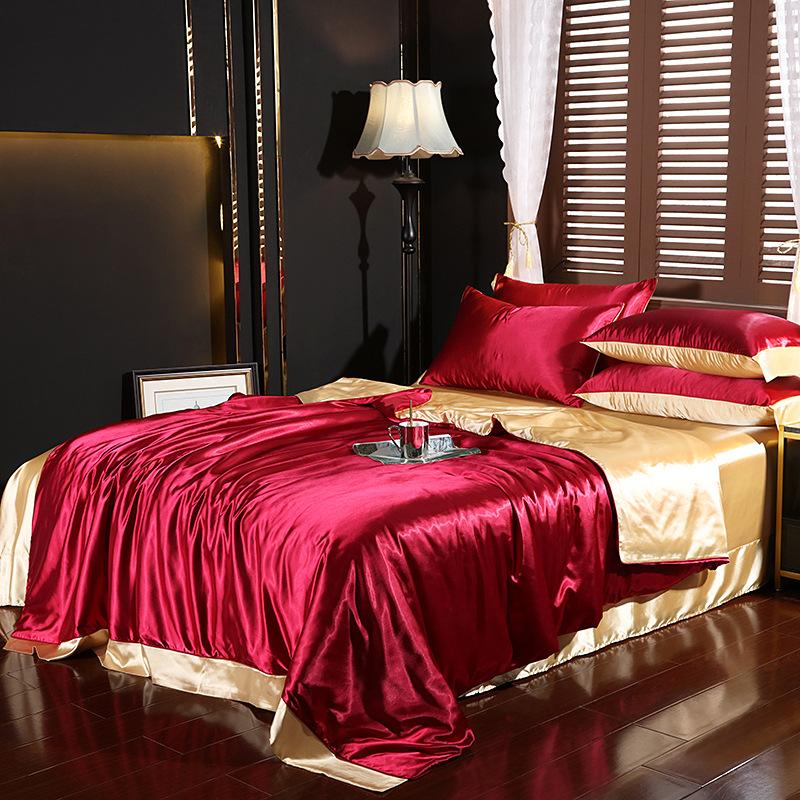 European Solid Color Mulberry Silk Bedding Sets Ice Silk Satin Cooling Bedclothes High Quality Skin-Friendly Smooth Duvet Kit