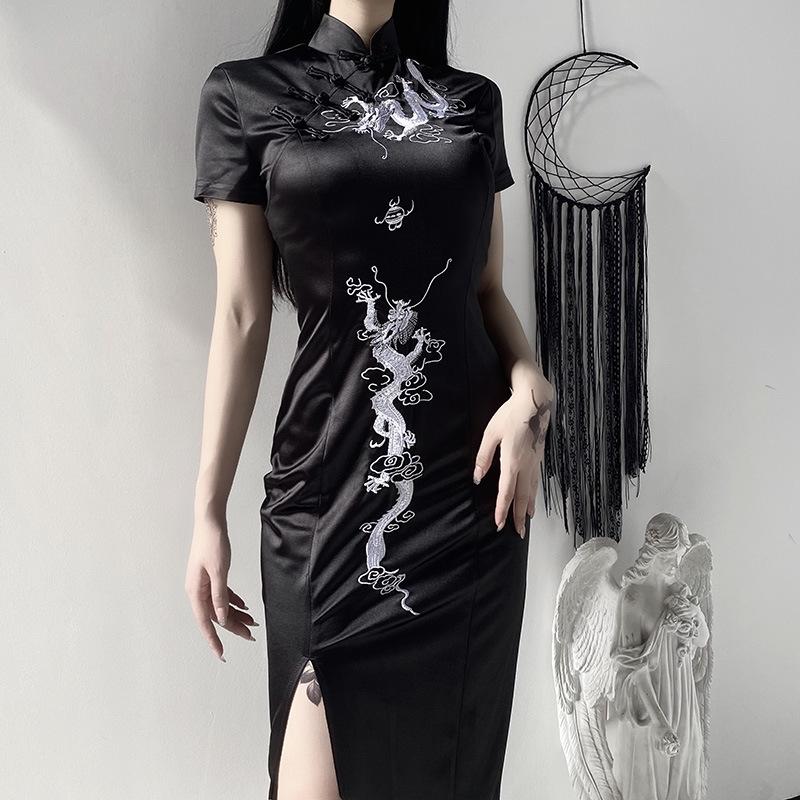 2025 New Collection Vintage Dark Gothic Chinese Knot Buttons Short Sleeve Dress Chinese Style High Waist Split Dragon Print Slim Cheongsam