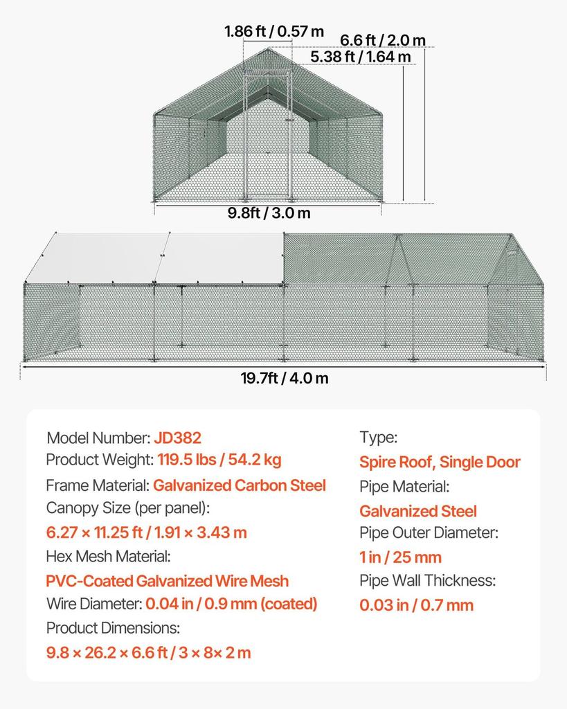 Metal Chicken Coop, 9.8x26.2x6.5 Ft Large Walk-in Chicken Runs with Cover, Spire Roof Hen House Enclosure with Security Lock, Outdoor Duck Rabbit Cage