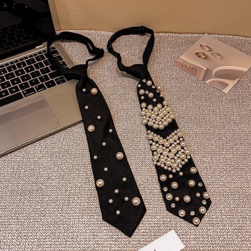 Pre Tied Black Fashion Neckties With Faux Pearl Rhinestone Decor Perfect For Party Wedding Daily Wear Special Events
