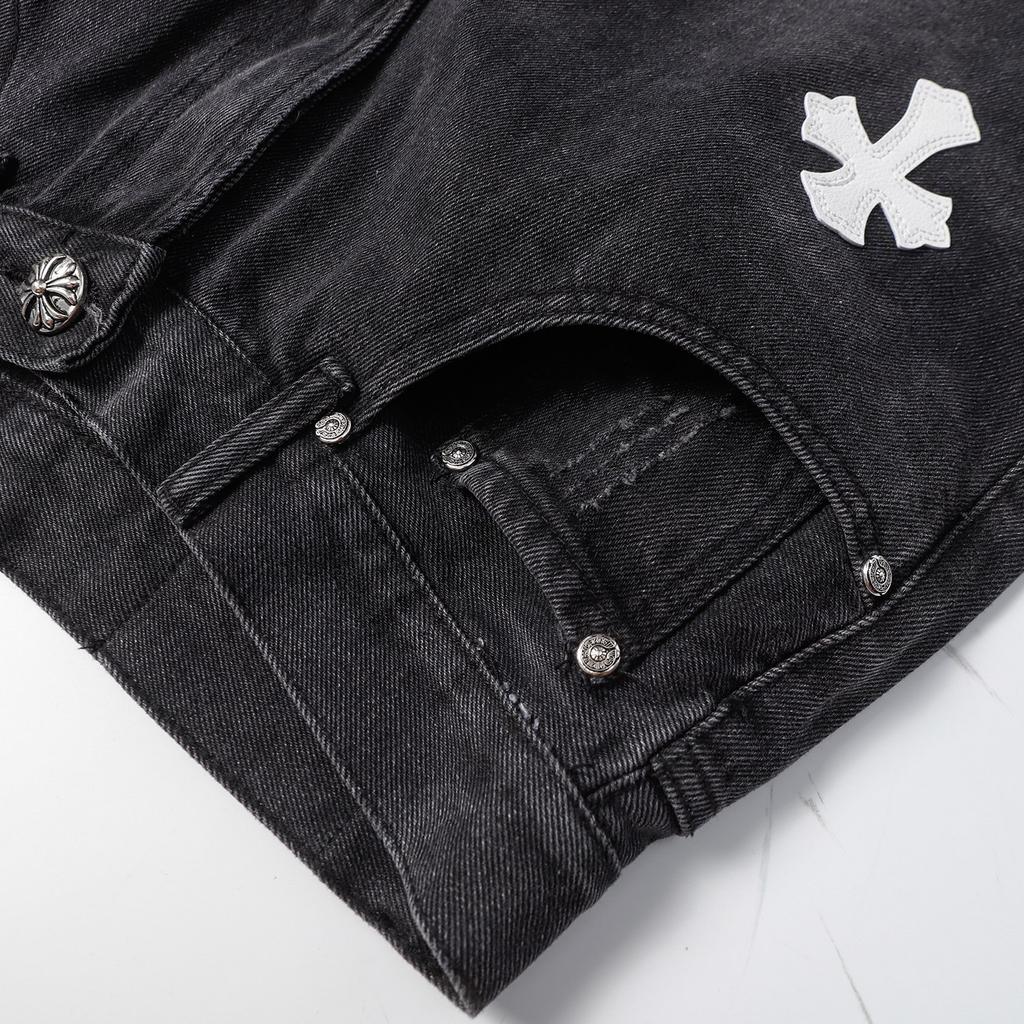 CHROME HEARTS Herren Schwarze Denim Shorts mit Weißen Kreuz-Aufnähern Baggy Streetwear Jorts