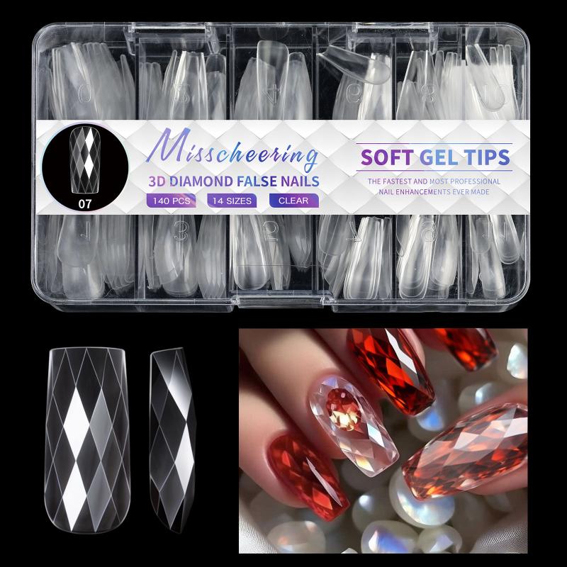 

120/140pc Nude Nail Tips Set - 3D Diamond Glossy Almond Short Square Tips, Full Cover Gel Nails Tips forHome DIY Nail Salon