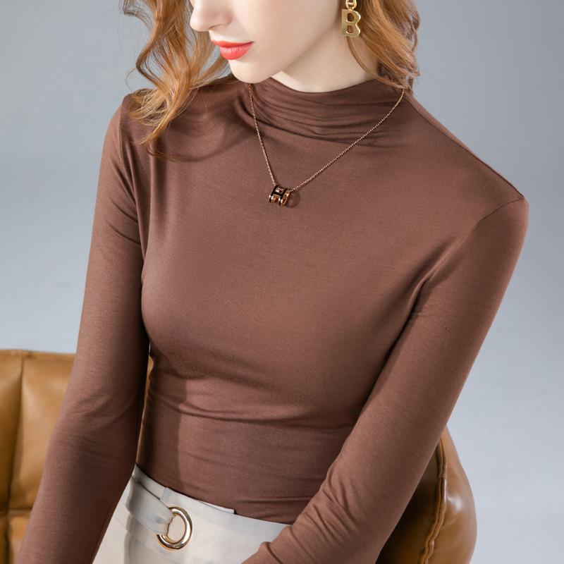 Half High Collar Base Shirt for Women Modal Long Sleeved T-shirt Warm Inner Layer with Thick Velvet Top