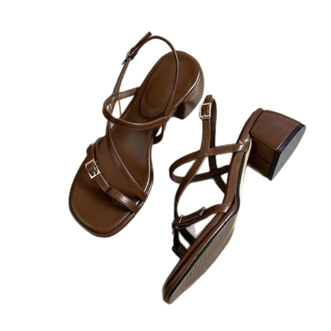 Soft leather version~ brown with Roman sandals 2025 summer new thick heel retro style with skirt beautiful toe sandals