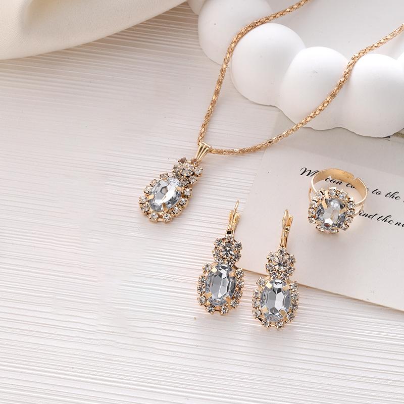 3Pcs Copper Oval Cut Cubic Zirconia Necklace Earrings Rings Set Trendy Banquet Daily Date Zircon Set Gift for Women Girls Her