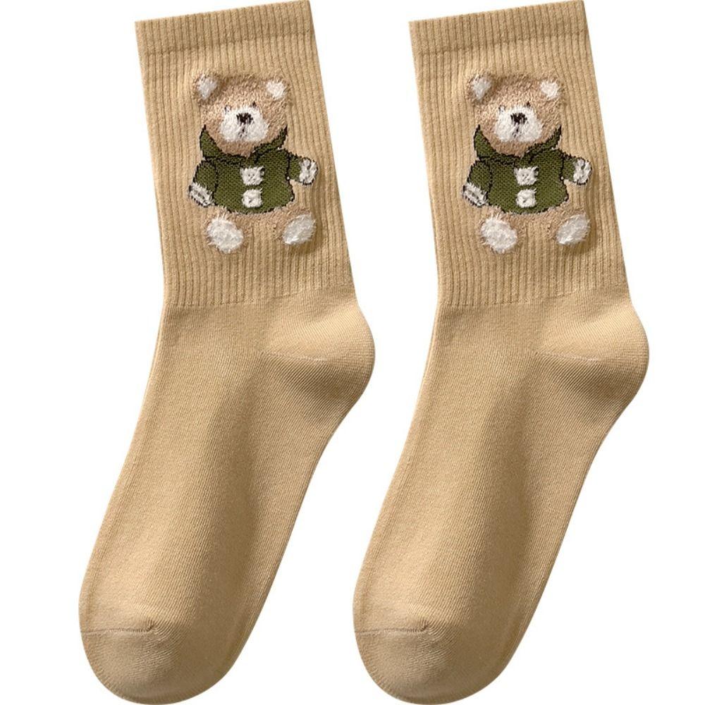 Cartoon Bear Patten Korean Style Socks Middle Tube Hosiery Girls Cotton Socks College Style Hosiery