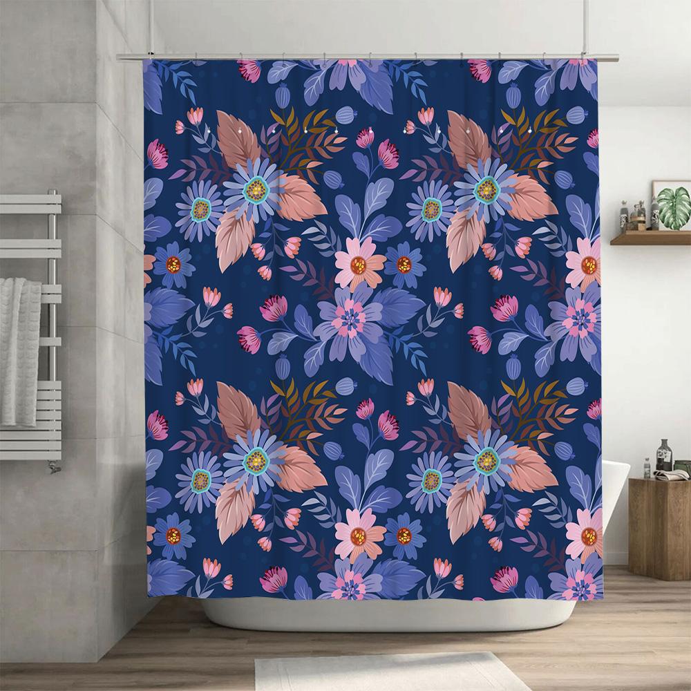 Colorful Floral Shower Curtain Navy Blue Pink Purple Green Bathroom Decor Waterproof Fabric Bath Mat Cover Free Size 72x84 Inche