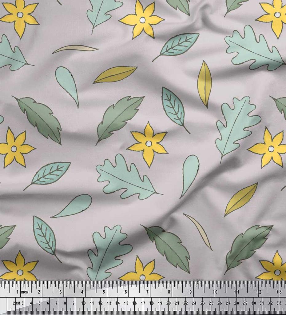 Soimoi Gray Japan Crepe Satin Fabric Leaf Floral Decor Fabric Printed Metre 42 Inch