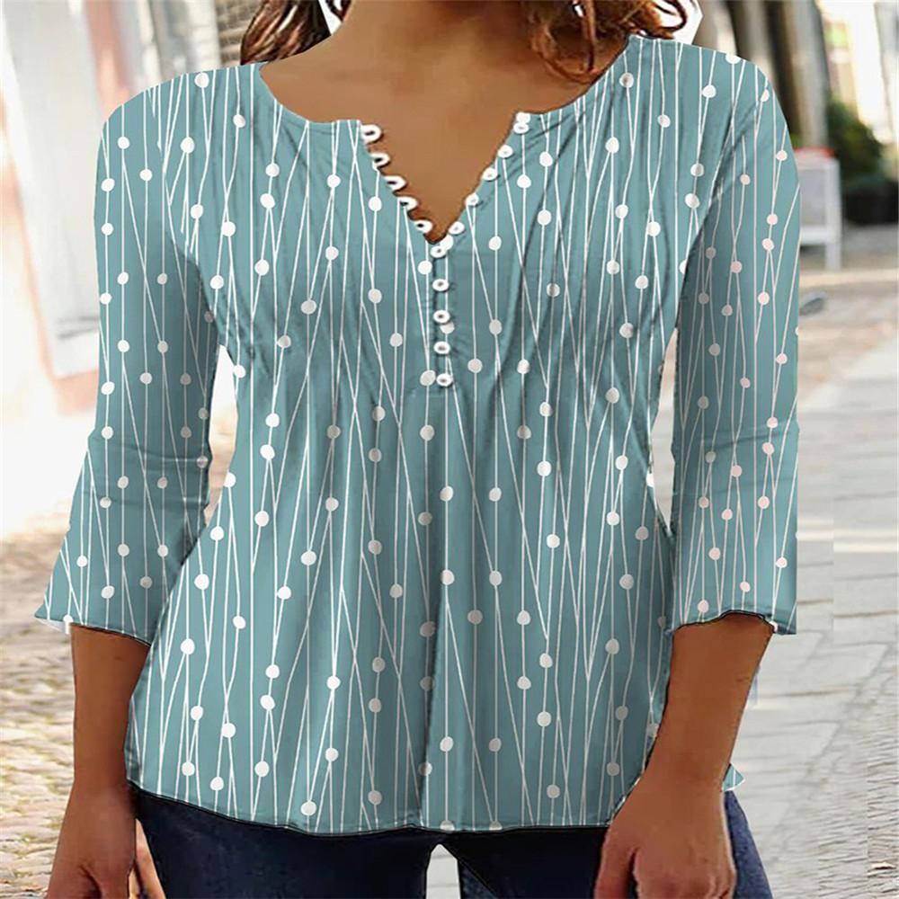 GMXIA Spring V-neck Printed Long-sleeved Shirt Base Layer Top Women's Wear