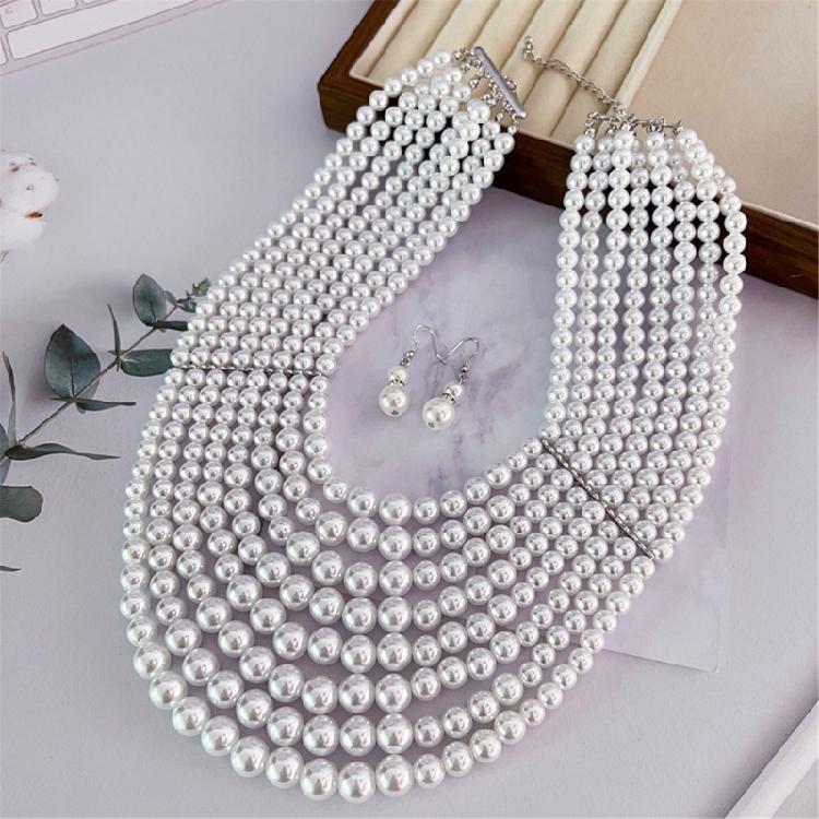 Versatile Multi Strand Simulated Pearls Necklace Earrings Set Vintage Inspired Design Clavicle Chain For Fashionistas