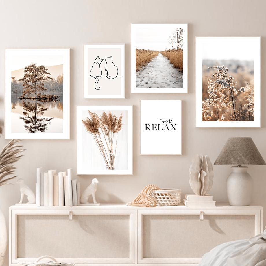 Beige Canna Fiore Foresta Lago di Montagna Arte da Parete Pittura su Tela Poster e Stampe Nordici Immagini da Parete per Decorazione Soggiorno