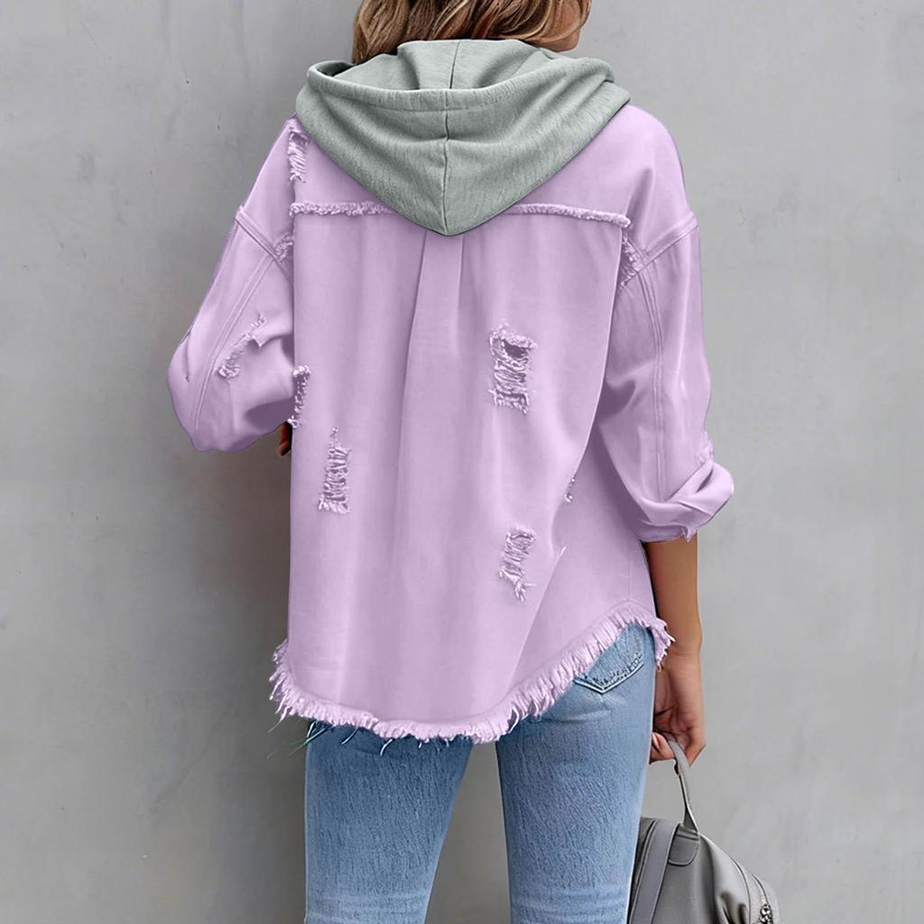 New Denim Hooded Jacket, Women's Solid Color Loose Jacket, Ripped Long-sleeved Women's Denim Shirt