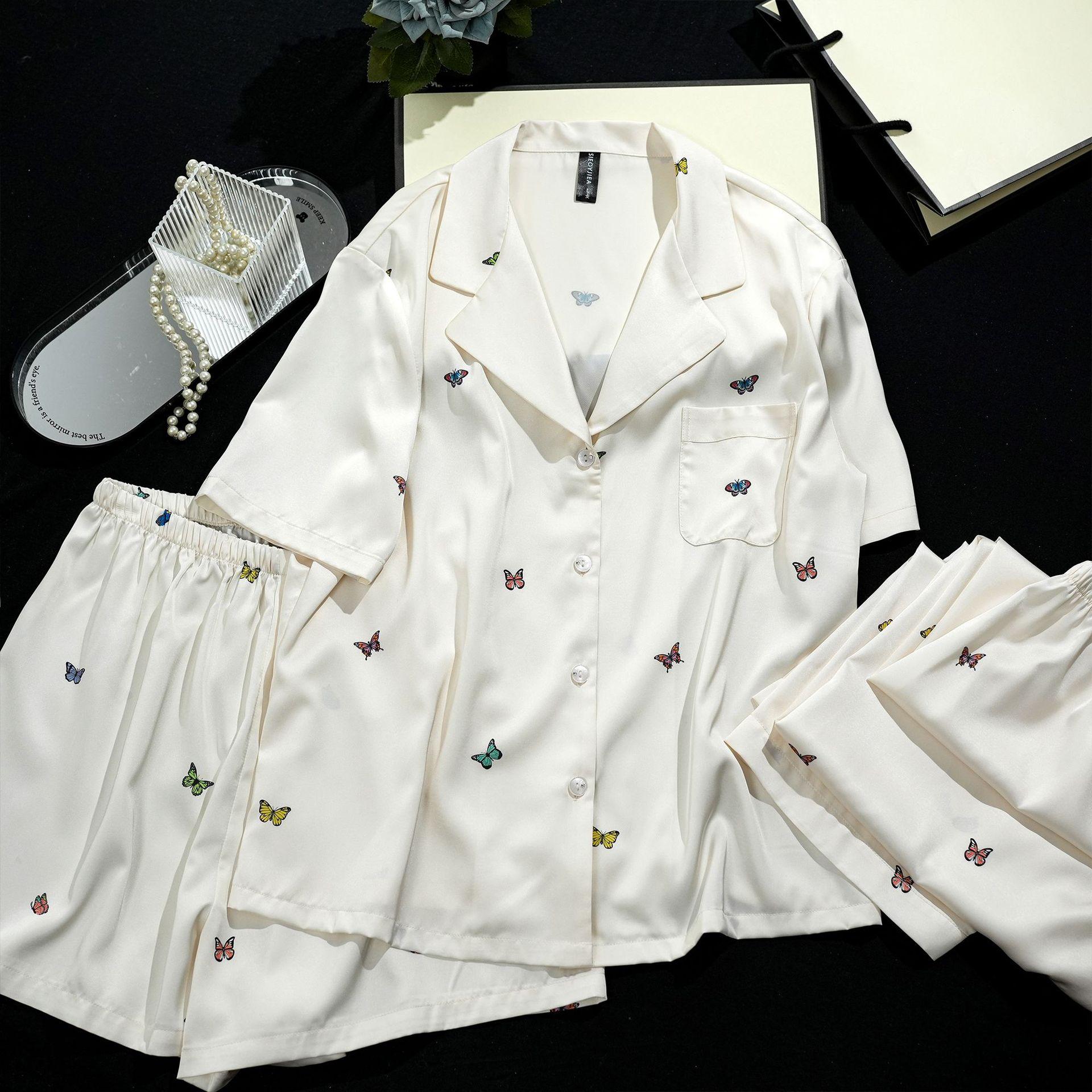 

Пижамный комплект из трех частей из ледяного шелка, женский костюм с короткими рукавами, летний тонкий пижамный комплект с принтом в виде маленькой бабочки XL слоновая кость