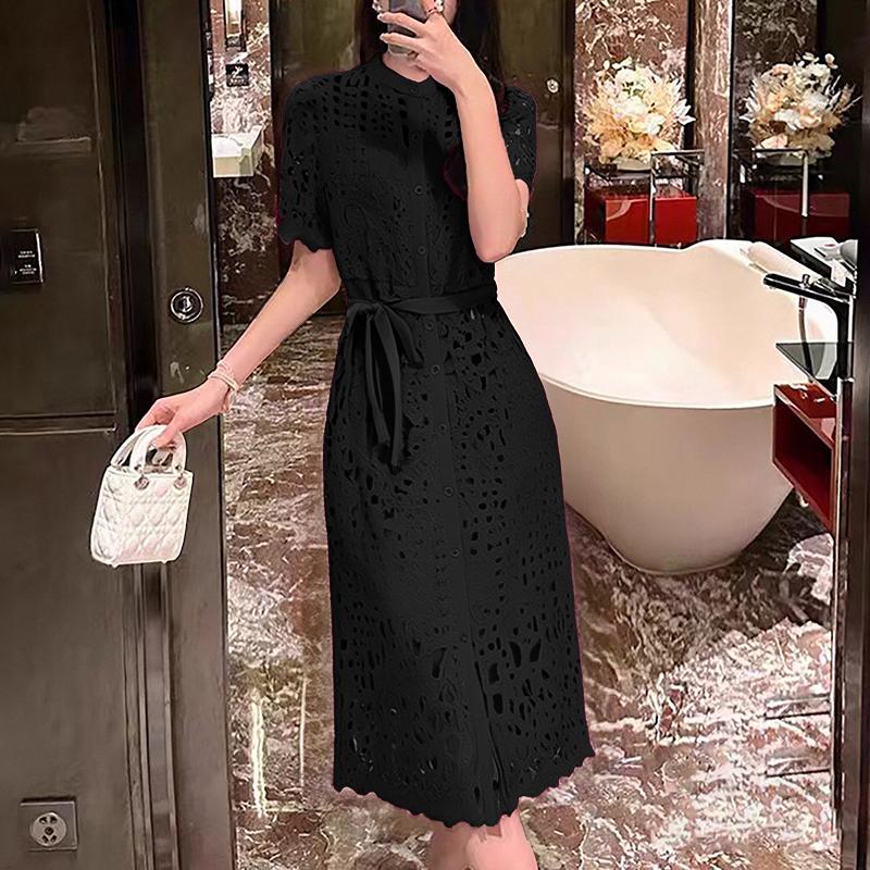 

ZANZEA Женское элегантное платье с кружевной вязкой пэчворк, летнее, с коротким рукавом S чёрный