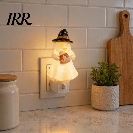 Decorative Wall Light Halloween Pumpkin Ghost Night with Witch Hat, Resin Soft Glow Plug-in LED Bedroom Light, Spooky Sconce for Party Home