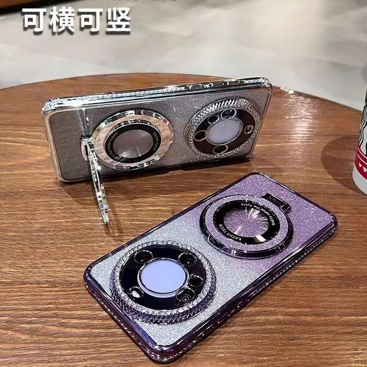 Suitable for magnetic suction bracket Huawei Mate60Pro + mobile phone case mate50 glitter mate40 gradual change rhinestone 30
