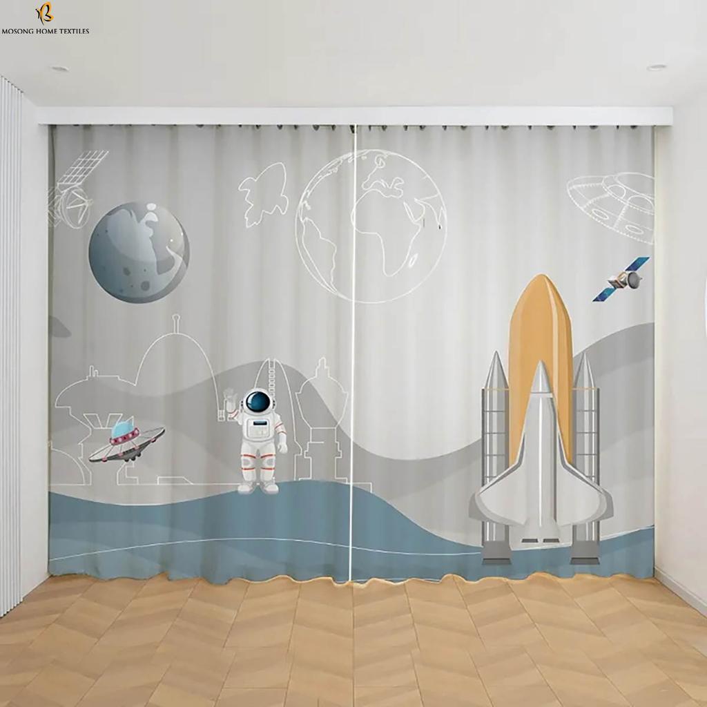 Cartoon Astronaut Printed Curtains Kids Children's Room Window Decoration Curtains Suitable For Bedroom Living Room Balcony
