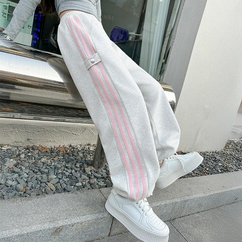 Girls Big Kids Striped Casual High Waist Wide Leg Long Sports Sweatpants