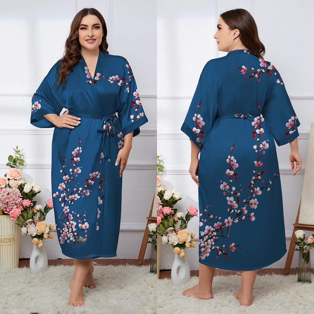 Übergröße Satin Sommer Pyjama & Bademantel Set für Damen - Leichter Luxus Eisseide