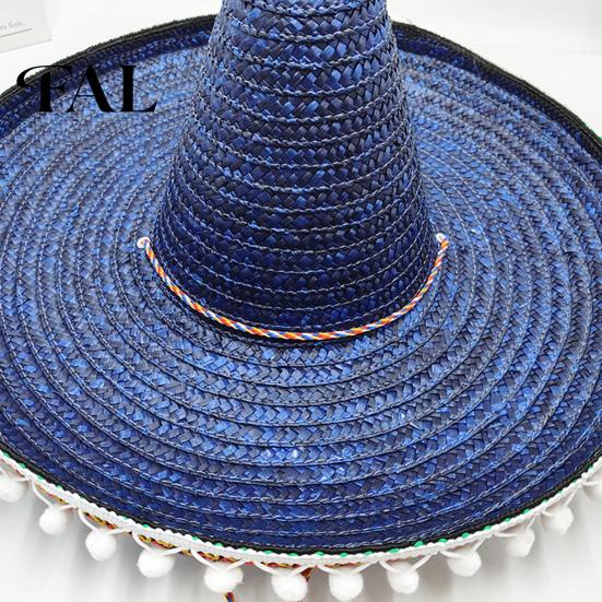 Kapelusz Wakacyjny dla Dorosłych Meksykańskie Sombrero z Kolorowymi Pomponami, Pleciony Słomkowy Kapelusz Słoneczny w Stylu Hawajskim, Szerokie Rondo, Lekki, na Imprezę Kostiumową Halloween