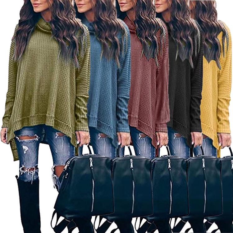 Irregular Knit High Neck Batwing Sleeve Waffle Top Small