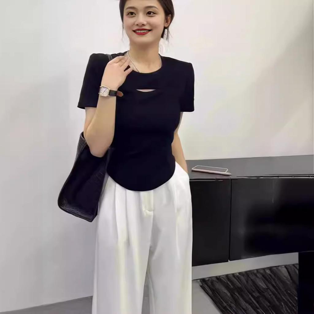 Black Hollow Shoulder Short Sleeve T-Shirt Women's Summer New Irregular Short Student