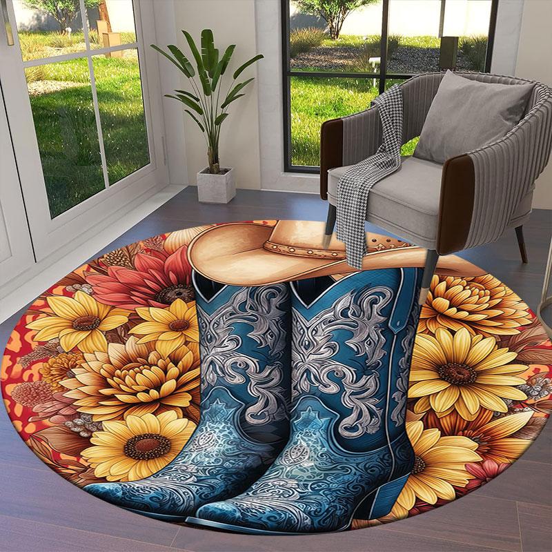 Cowboy Boots Round Area Rug,Carpet Rug for Living Room Bedroom Sofa Playroom Decor,Non Slip Floor Mat