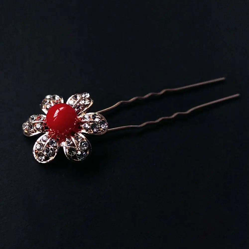 5Pcs Fashion Metal Pearl Flower Hairpin Stick Headwear U-shaped Rhinestone Hair Clip Headdress Bridal Hairpin Wedding